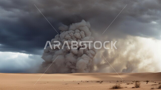 العاصفة الرملية في الصحراء، رياح ترابية في المناطق الصحراوية, الكثبان والرمال الذهبية الناعمة، التشكيلات والتكوينات الرملية في المملكة العربية السعودية, منظر السماء الممتلئة بالغيوم الداكنة، الزوابع الغبارية القوية