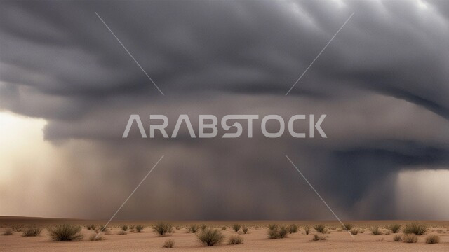 العاصفة الرملية في الصحراء، رياح ترابية في المناطق الصحراوية, الكثبان والرمال الذهبية الناعمة، التشكيلات والتكوينات الرملية في المملكة العربية السعودية, منظر السماء الممتلئة بالغيوم الداكنة، الزوابع الغبارية القوية