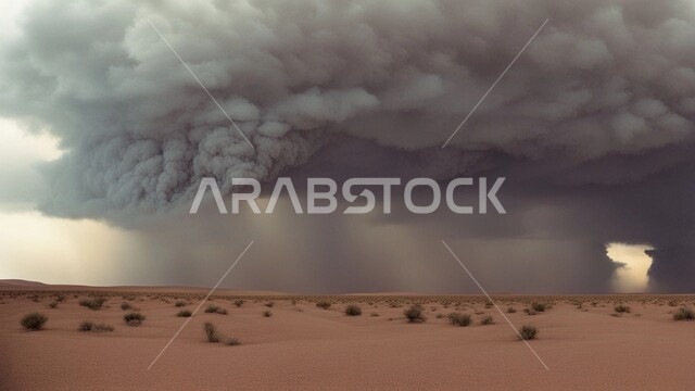 العاصفة الرملية في الصحراء، رياح ترابية في المناطق الصحراوية, الكثبان والرمال الذهبية الناعمة، التشكيلات والتكوينات الرملية في المملكة العربية السعودية, منظر السماء الممتلئة بالغيوم الداكنة، الزوابع الغبارية القوية