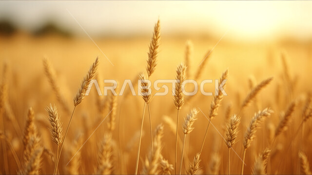  السنابل الذهبية اللامعة في النهار، حقول ومزارع القمح في المملكة العربية السعودية، الاعتماد على الانتاج المحلي والاكتفاء الذاتي، مجموعة من الأعشاب البرية التي تتمايل مع الرياح، محاصيل زراعية وطنية
