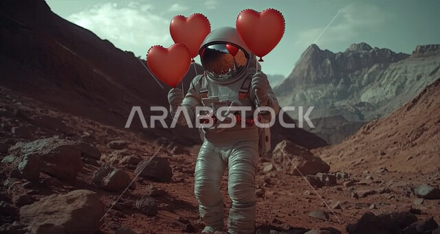  الفضاء الخارجي وعلم الفلك، رائد فضاء يمسك بلالين حمراء على شكل قلب بمناسبة عيد الحب يقف وسط الرمال الذهبية والتشكيلات الصخرية، الأجواء الرومانسية في الفالنتاين في الطبيعة الصحراوية، التقدم التقني والذكاء الإصطناعي، التطور الرقمي وتكنولوجيا المستقبل