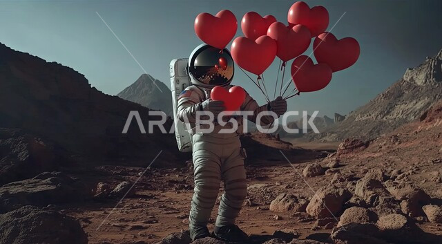 Technological progress and artificial intelligence, digital development and future technology, outer space and astronomy, an astronaut holding red heart-shaped balloons on Valentine's Day stands amidst golden sands and rock formations, romantic Valentine's Day atmosphere in the desert nature