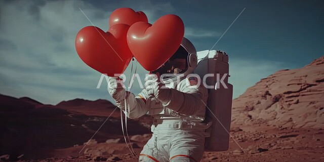  الفضاء الخارجي وعلم الفلك، رائد فضاء يمسك بلالين حمراء على شكل قلب بمناسبة عيد الحب يقف وسط الرمال الذهبية والتشكيلات الصخرية، الأجواء الرومانسية في الفالنتاين في الطبيعة الصحراوية، التقدم التقني والذكاء الإصطناعي، التطور الرقمي وتكنولوجيا المستقبل