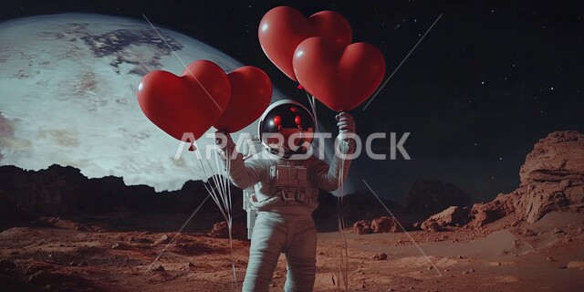 التقدم التقني والذكاء الإصطناعي، التطور الرقمي وتكنولوجيا المستقبل، الفضاء الخارجي وعلم الفلك، رائد فضاء يمسك بلالين حمراء على شكل قلب بمناسبة عيد الحب يقف وسط الرمال الذهبية والتشكيلات الصخرية، الأجواء الرومانسية في الفالنتاين في الطبيعة الصحراوية
