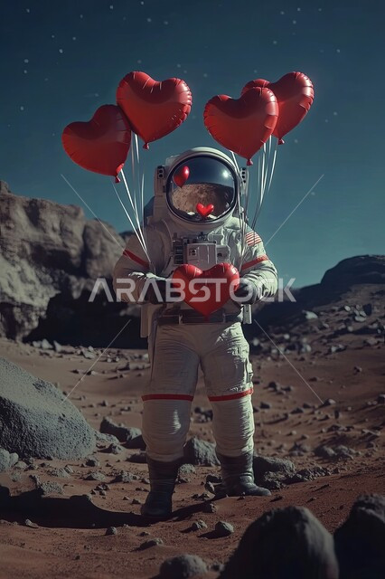 Technological progress and artificial intelligence, digital development and future technology, outer space and astronomy, an astronaut holding red heart-shaped balloons on Valentine's Day stands amidst golden sands and rock formations, romantic Valentine's Day atmosphere in the desert nature