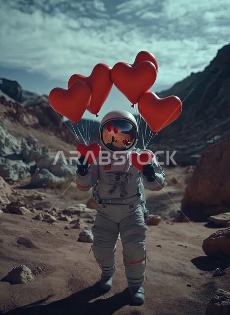 الأجواء الرومانسية في الفالنتاين في الطبيعة الصحراوية، التقدم التقني والذكاء الإصطناعي، التطور الرقمي وتكنولوجيا المستقبل، الفضاء الخارجي وعلم الفلك، رائد فضاء يمسك بلالين حمراء على شكل قلب بمناسبة عيد الحب يقف وسط الرمال الذهبية والتشكيلات الصخرية