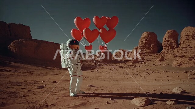  الفضاء الخارجي وعلم الفلك، رائد فضاء يمسك بلالين حمراء على شكل قلب بمناسبة عيد الحب يقف وسط الرمال الذهبية والتشكيلات الصخرية، الأجواء الرومانسية في الفالنتاين في الطبيعة الصحراوية، التقدم التقني والذكاء الإصطناعي، التطور الرقمي وتكنولوجيا المستقبل