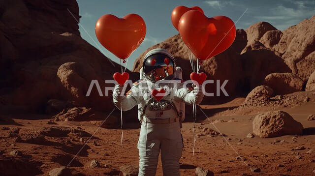 التقدم التقني والذكاء الإصطناعي، التطور الرقمي وتكنولوجيا المستقبل، الفضاء الخارجي وعلم الفلك، رائد فضاء يمسك بلالين حمراء على شكل قلب بمناسبة عيد الحب يقف وسط الرمال الذهبية والتشكيلات الصخرية، الأجواء الرومانسية في الفالنتاين في الطبيعة الصحراوية