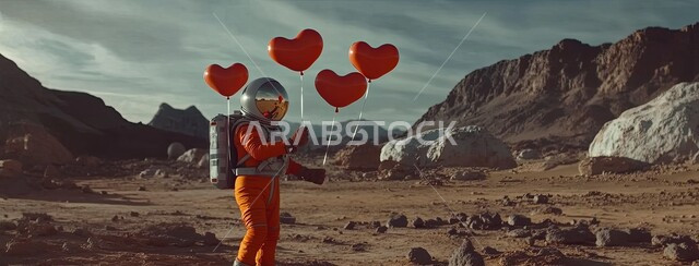الأجواء الرومانسية في الفالنتاين في الطبيعة الصحراوية، التقدم التقني والذكاء الإصطناعي، التطور الرقمي وتكنولوجيا المستقبل، الفضاء الخارجي وعلم الفلك، رائد فضاء يمسك بلالين حمراء على شكل قلب بمناسبة عيد الحب يقف وسط الرمال الذهبية والتشكيلات الصخرية