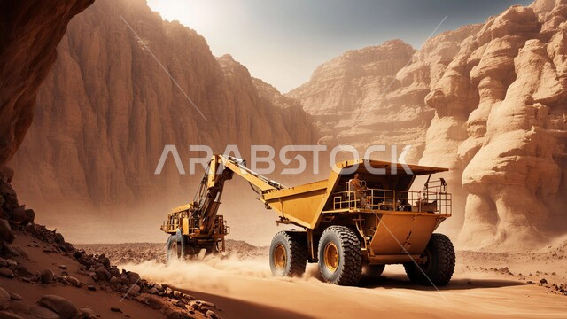 التشكيلات والتكوينات الصخرية، عدد من السيارات والآليات الثقيلة تقوم بالحفر والعمل في موقع التعدين، نقل الأتربة بواسطة الشاحنات، مناطق التنقيب عن الثروات الباطنية الخام، أماكن مناجم الفحم الطبيعي، المرتفعات والسلاسل الجبلية في المملكة العربية السعودية