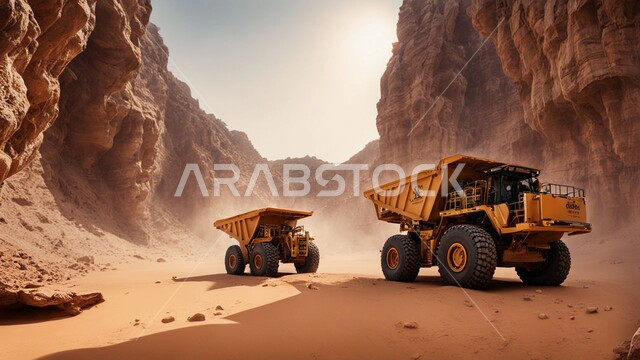 التكوينات والتشكيلات الصخرية، عدد من السيارات والآليات الثقيلة تقوم بالحفر والعمل في موقع التعدين، نقل الأتربة بواسطة الشاحنات، مناطق التنقيب عن الثروات الباطنية الخام، أماكن مناجم الفحم الطبيعي، المرتفعات والسلاسل الجبلية في المملكة العربية السعودية