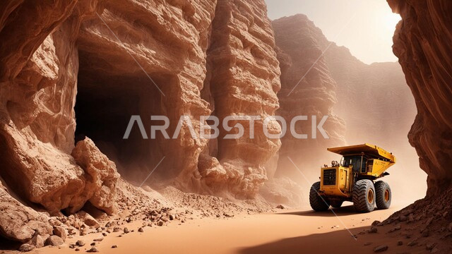 التكوينات والتشكيلات الصخرية، عدد من السيارات والآليات الثقيلة تقوم بالحفر والعمل في موقع التعدين، نقل الأتربة بواسطة الشاحنات، مناطق التنقيب عن الثروات الباطنية الخام، أماكن مناجم الفحم الطبيعي، المرتفعات والسلاسل الجبلية في المملكة العربية السعودية