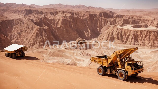 التكوينات والتشكيلات الصخرية، عدد من السيارات والآليات الثقيلة تقوم بالحفر والعمل في موقع التعدين، نقل الأتربة بواسطة الشاحنات، مناطق التنقيب عن الثروات الباطنية الخام، أماكن مناجم الفحم الطبيعي، المرتفعات والسلاسل الجبلية في المملكة العربية السعودية