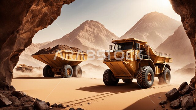 التكوينات والتشكيلات الصخرية، عدد من السيارات والآليات الثقيلة تقوم بالحفر والعمل في موقع التعدين، نقل الأتربة بواسطة الشاحنات، مناطق التنقيب عن الثروات الباطنية الخام، أماكن مناجم الفحم الطبيعي، المرتفعات والسلاسل الجبلية في المملكة العربية السعودية