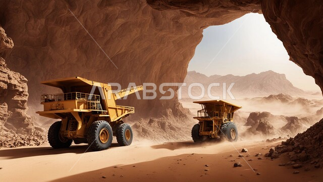 التكوينات والتشكيلات الصخرية، عدد من السيارات والآليات الثقيلة تقوم بالحفر والعمل في موقع التعدين، نقل الأتربة بواسطة الشاحنات، مناطق التنقيب عن الثروات الباطنية الخام، أماكن مناجم الفحم الطبيعي، المرتفعات والسلاسل الجبلية في المملكة العربية السعودية