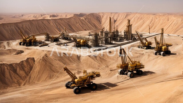 عدد من السيارات والآليات الثقيلة تعمل في موقع التعدين، نقل الأتربة بواسطة الشاحنات، مناطق التنقيب عن الثروات الباطنية الخام، أماكن مناجم النفط والفحم الطبيعي، الطبيعة الصخرية وتضاريس السلاسل الجبلية، المرتفعات وقمم الجبال في المملكة العربية السعودية