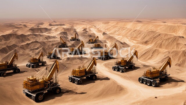 A number of cars and heavy machinery working at the mining site, transporting soil by trucks, areas of exploration for raw underground resources, locations of oil and natural coal mines, rocky nature and terrain of mountain ranges, highlands and mountain peaks in the Kingdom of Saudi Arabia