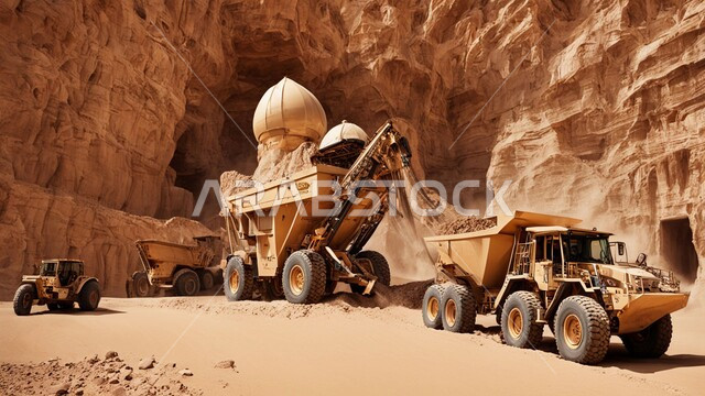 التكوينات والتشكيلات الصخرية، عدد من السيارات والآليات الثقيلة تقوم بالحفر والعمل في موقع التعدين، نقل الأتربة بواسطة الشاحنات، مناطق التنقيب عن الثروات الباطنية الخام، أماكن مناجم الفحم الطبيعي، المرتفعات والسلاسل الجبلية في المملكة العربية السعودية