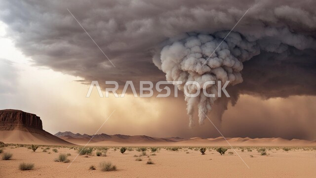 الظواهر والكوارث الطبيعية، منظر الإعصار الهوائي في الصحراء, رياح ترابية في المناطق الصحراوية, الكثبان والرمال الذهبية الناعمة، التشكيلات والتكوينات الرملية في المملكة العربية السعودية, النباتات والشوكيات البرية، الزوابع الغبارية القوية في الصحاري