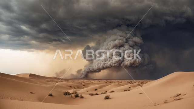 الظواهر والكوارث الطبيعية، منظر الإعصار الهوائي في الصحراء, رياح ترابية في المناطق الصحراوية, الكثبان والرمال الذهبية الناعمة، التشكيلات والتكوينات الرملية في المملكة العربية السعودية, النباتات والشوكيات البرية، الزوابع الغبارية القوية في الصحاري