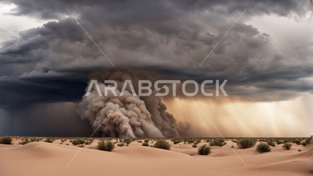 الظواهر والكوارث الطبيعية، منظر الإعصار الهوائي في الصحراء, رياح ترابية في المناطق الصحراوية, الكثبان والرمال الذهبية الناعمة، التشكيلات والتكوينات الرملية في المملكة العربية السعودية, النباتات والشوكيات البرية، الزوابع الغبارية القوية في الصحاري
