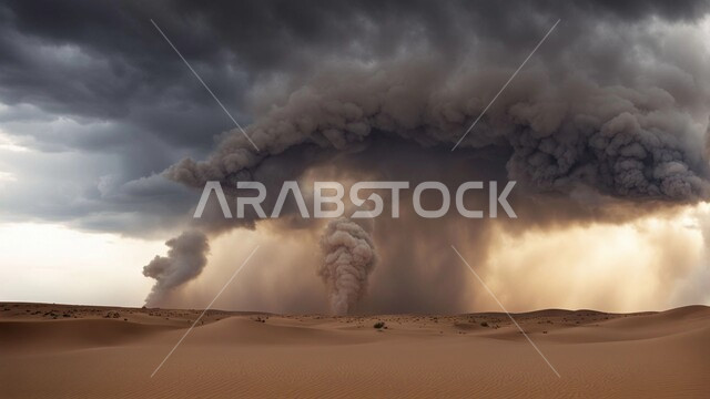 الظواهر والكوارث الطبيعية، منظر الإعصار الهوائي في الصحراء, رياح ترابية في المناطق الصحراوية, الكثبان والرمال الذهبية الناعمة، التشكيلات والتكوينات الرملية في المملكة العربية السعودية, الزوابع الغبارية القوية في الصحاري