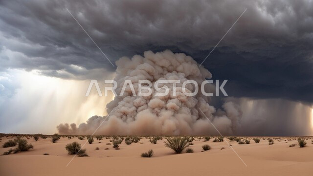 الظواهر والكوارث الطبيعية، منظر الإعصار الهوائي في الصحراء, رياح ترابية في المناطق الصحراوية, الكثبان والرمال الذهبية الناعمة، التشكيلات والتكوينات الرملية في المملكة العربية السعودية, النباتات والشوكيات البرية، الزوابع الغبارية القوية في الصحاري