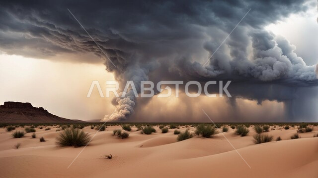 الظواهر والكوارث الطبيعية، منظر الإعصار الهوائي في الصحراء, رياح ترابية في المناطق الصحراوية, الكثبان والرمال الذهبية الناعمة، التشكيلات والتكوينات الرملية في المملكة العربية السعودية, النباتات والشوكيات البرية، الزوابع الغبارية القوية في الصحاري