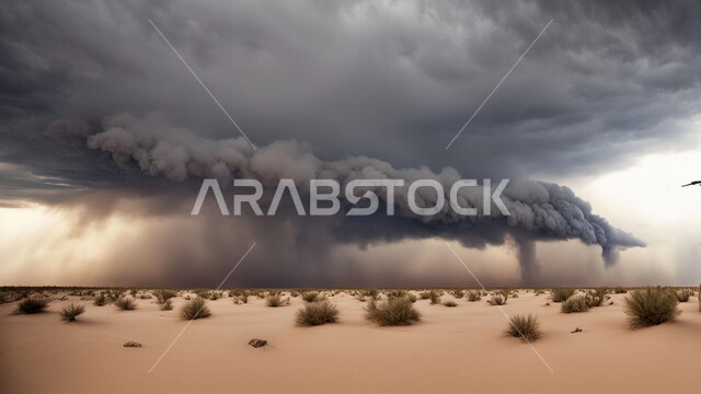 الظواهر والكوارث الطبيعية، منظر الإعصار الهوائي في الصحراء, رياح ترابية في المناطق الصحراوية, الكثبان والرمال الذهبية الناعمة، التشكيلات والتكوينات الرملية في المملكة العربية السعودية, النباتات والشوكيات البرية، الزوابع الغبارية القوية في الصحاري