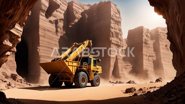 آليات ثقيلة تقوم بالحفر والعمل في موقع التعدين، نقل الأتربة بواسطة الشاحنات، مناطق التنقيب عن الثروات الباطنية الخام، أماكن مناجم الفحم الطبيعي، الطبيعة الصخرية وتضاريس السلاسل الجبلية، المرتفعات وقمم الجبال في المملكة العربية السعودية