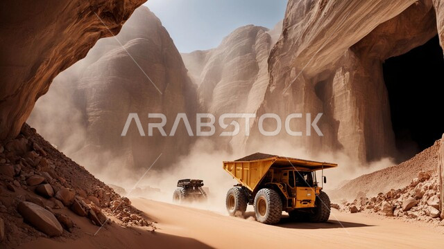 آليات ثقيلة تقوم بالحفر والعمل في موقع التعدين، نقل الأتربة بواسطة الشاحنات، مناطق التنقيب عن الثروات الباطنية الخام، أماكن مناجم الفحم الطبيعي، الطبيعة الصخرية وتضاريس السلاسل الجبلية، المرتفعات وقمم الجبال في المملكة العربية السعودية