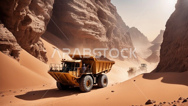 آليات ثقيلة تقوم بالحفر والعمل في موقع التعدين، نقل الأتربة بواسطة الشاحنات، مناطق التنقيب عن الثروات الباطنية الخام، أماكن مناجم الفحم الطبيعي، الطبيعة الصخرية وتضاريس السلاسل الجبلية، المرتفعات وقمم الجبال في المملكة العربية السعودية