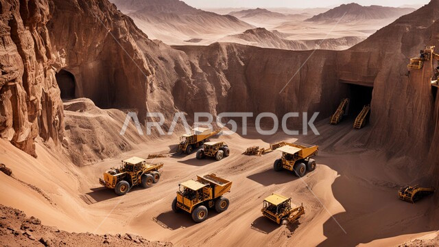 آليات ثقيلة تقوم بالحفر والعمل في موقع التعدين، نقل الأتربة بواسطة الشاحنات، مناطق التنقيب عن الثروات الباطنية الخام، أماكن مناجم الفحم الطبيعي، الطبيعة الصخرية وتضاريس السلاسل الجبلية، المرتفعات وقمم الجبال في المملكة العربية السعودية