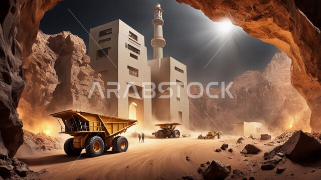 آليات ثقيلة تقوم بالحفر والعمل في موقع التعدين، نقل الأتربة بواسطة الشاحنات، مناطق التنقيب عن الثروات الباطنية الخام، أماكن مناجم الفحم الطبيعي، الطبيعة الصخرية وتضاريس السلاسل الجبلية، المرتفعات وقمم الجبال في المملكة العربية السعودية