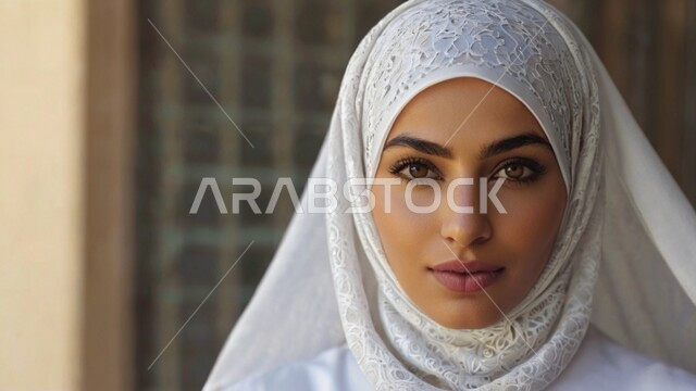 ملابس نسائية بتصاميم عصرية، مفهوم الأنوثة والنعومة, صورة مقربة لامرأة عربية خليجية سعودية محجبة، النظر إلى الكاميرا بإيماءات الثقة بالنفس والبشاشة, الاهتمام بالأناقة والمظهر الخارجي