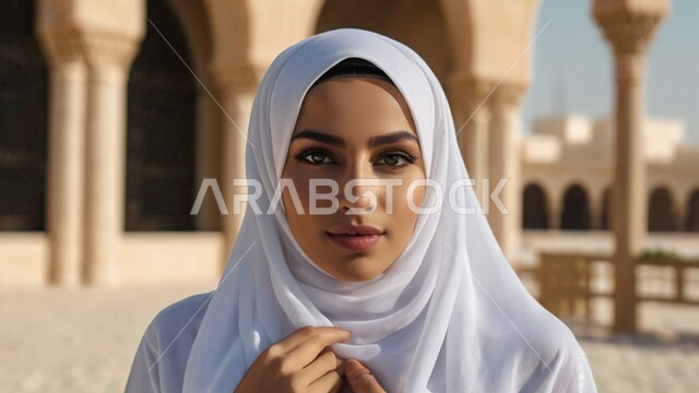 مفهوم الأنوثة والنعومة, صورة مقربة لامرأة عربية خليجية سعودية محجبة، النظر إلى الكاميرا بإيماءات الثقة بالنفس والبشاشة, الاهتمام بالأناقة والمظهر الخارجي، ملابس نسائية بتصاميم عصرية