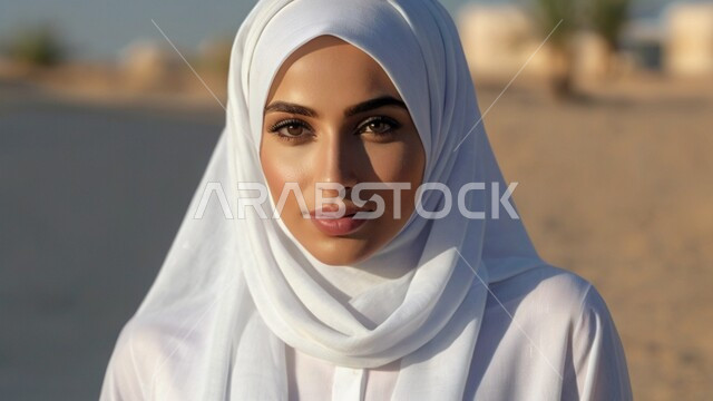 ملابس نسائية بتصاميم عصرية، مفهوم الأنوثة والنعومة, صورة مقربة لامرأة عربية خليجية سعودية محجبة، النظر إلى الكاميرا بإيماءات الثقة بالنفس والبشاشة, الاهتمام بالأناقة والمظهر الخارجي