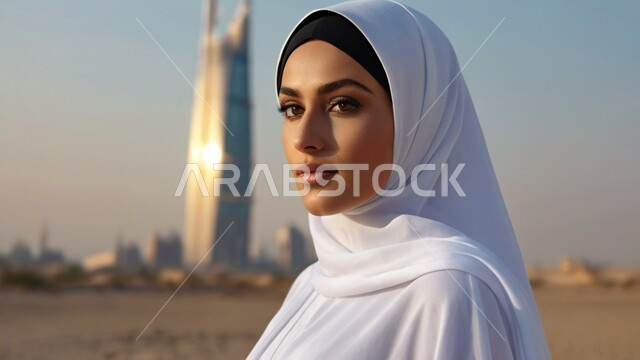 ملابس نسائية بتصاميم عصرية، مفهوم الأنوثة والنعومة, صورة مقربة لامرأة عربية خليجية سعودية محجبة، النظر إلى الكاميرا بإيماءات الثقة بالنفس والبشاشة, الاهتمام بالأناقة والمظهر الخارجي