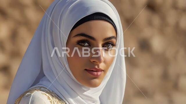 مفهوم الأنوثة والنعومة, صورة مقربة لامرأة عربية خليجية سعودية محجبة، النظر إلى الكاميرا بإيماءات الثقة بالنفس والبشاشة, الاهتمام بالأناقة والمظهر الخارجي، ملابس نسائية بتصاميم عصرية