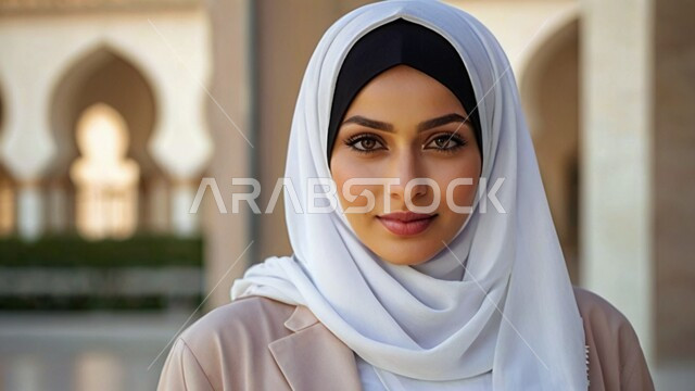 ملابس نسائية بتصاميم عصرية، مفهوم الأنوثة والنعومة, صورة مقربة لامرأة عربية خليجية سعودية محجبة، النظر إلى الكاميرا بإيماءات الثقة بالنفس والبشاشة, الاهتمام بالأناقة والمظهر الخارجي