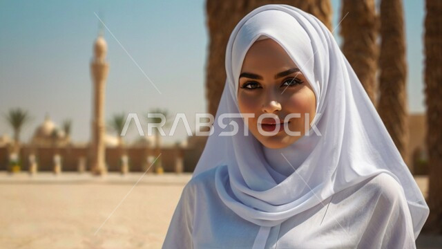 مفهوم الأنوثة والنعومة, صورة مقربة لامرأة عربية خليجية سعودية محجبة، النظر إلى الكاميرا بإيماءات الثقة بالنفس والبشاشة, الاهتمام بالأناقة والمظهر الخارجي، ملابس نسائية بتصاميم عصرية