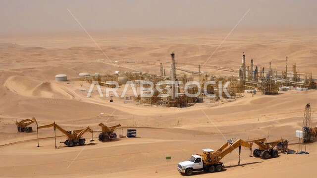 عدد من السيارات والآليات الثقيلة تقوم بالحفر والعمل في موقع التعدين، نقل الأتربة بواسطة الشاحنات، مناطق التنقيب عن الثروات الباطنية الخام، أماكن مناجم النفط والفحم الطبيعي، الطبيعة الصخرية وتضاريس السلاسل الجبلية والمرتفعات في المملكة العربية السعودية