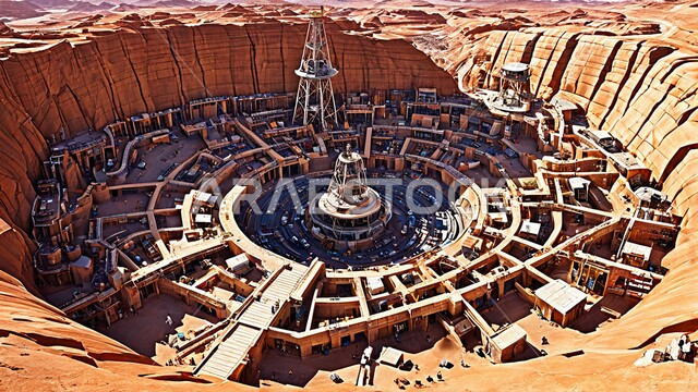 عدد من السيارات والآليات الثقيلة تقوم بالحفر والعمل في موقع التعدين، نقل الأتربة بواسطة الشاحنات، مناطق التنقيب عن الثروات الباطنية الخام، أماكن مناجم النفط والفحم الطبيعي، الطبيعة الصخرية وتضاريس السلاسل الجبلية والمرتفعات في المملكة العربية السعودية