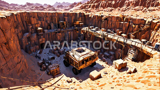 A number of cars and heavy machinery digging and working at the mining site, transporting soil by trucks, areas for prospecting for raw underground resources, locations of oil and natural coal mines, the rocky nature and terrain of mountain ranges and highlands in the Kingdom of Saudi Arabia