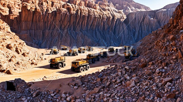 A number of cars and heavy machinery digging and working at the mining site, transporting soil by trucks, areas for prospecting for raw underground resources, locations of oil and natural coal mines, the rocky nature and terrain of mountain ranges and highlands in the Kingdom of Saudi Arabia
