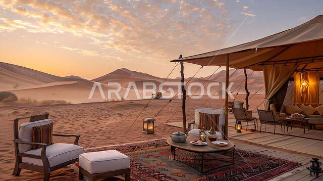 الاستمتاع بمنظر غروب الشمس في إحدى صحاري المملكة العربية السعودية, جلسات هادئة في الصحراء, مناطق المغامرات الشيقة والممتعة والكشتات البرية, أماكن الرحلات السياحية الشبابية في الطبيعة الصحراوية, خيم تقليدية على الرمال الذهبية الناعمة