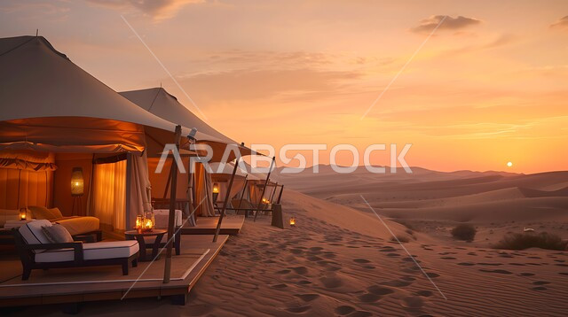 جلسات هادئة في الصحراء, مناطق المغامرات الشيقة والممتعة والكشتات البرية, أماكن الرحلات السياحية الشبابية في الطبيعة الصحراوية, الاستمتاع بالمناظر الطبيعية أثناء الغروب, خيم تقليدية على الرمال الذهبية الناعمة
