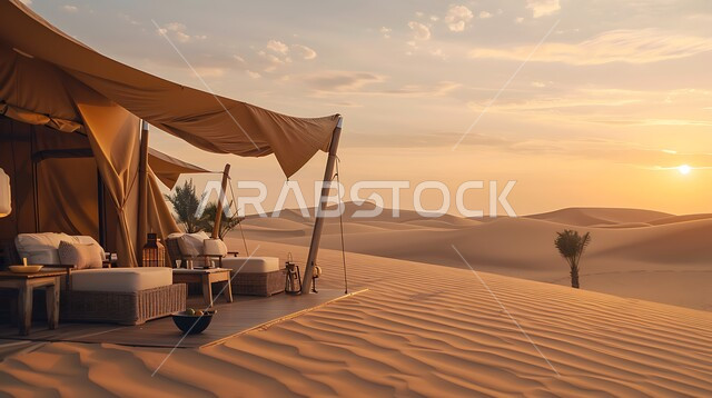 جلسات هادئة في الصحراء, مناطق المغامرات الشيقة والممتعة والكشتات البرية, أماكن الرحلات السياحية الشبابية في الطبيعة الصحراوية, الاستمتاع بالمناظر الطبيعية أثناء الغروب, خيم تقليدية على الرمال الذهبية الناعمة