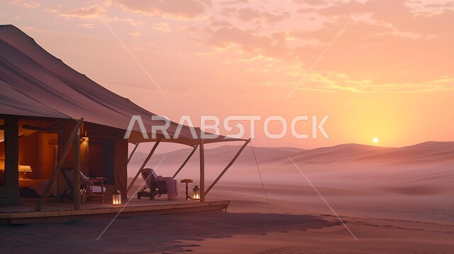 Spending fun time in the desert, fun safari trips, places for adventure and youth outings, camping atmosphere in one of the sandy deserts, a traditional folk tent on the soft golden sand during sunset, recreational activities in the Kingdom of Saudi Arabia