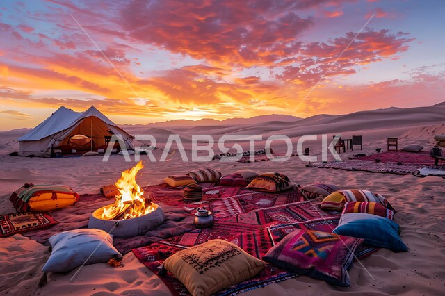 خيام تقليدية على الرمال الذهبية الناعمة في الصحراء، الجلسات الشعبية الهادئة أمام شعلة الحطب, أجواء شتوية وتخييم في المناطق الصحراوية, مناطق المغامرات الشبابية ورحلات السفاري الممتعة, منظر السماء أثناء الغروب, مخيمات سياحية في صحاري المملكة العربية السعودية